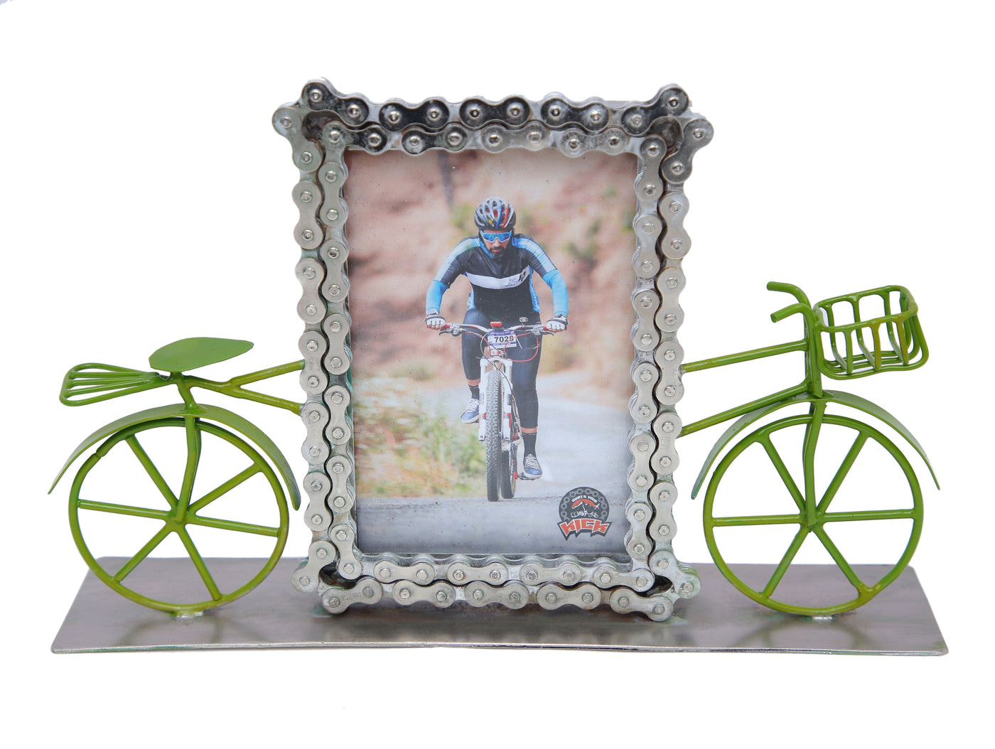 Upcycled Bike Chain Photo Frame With Cycle Basil Green With Silver Plating - Cyclop.in