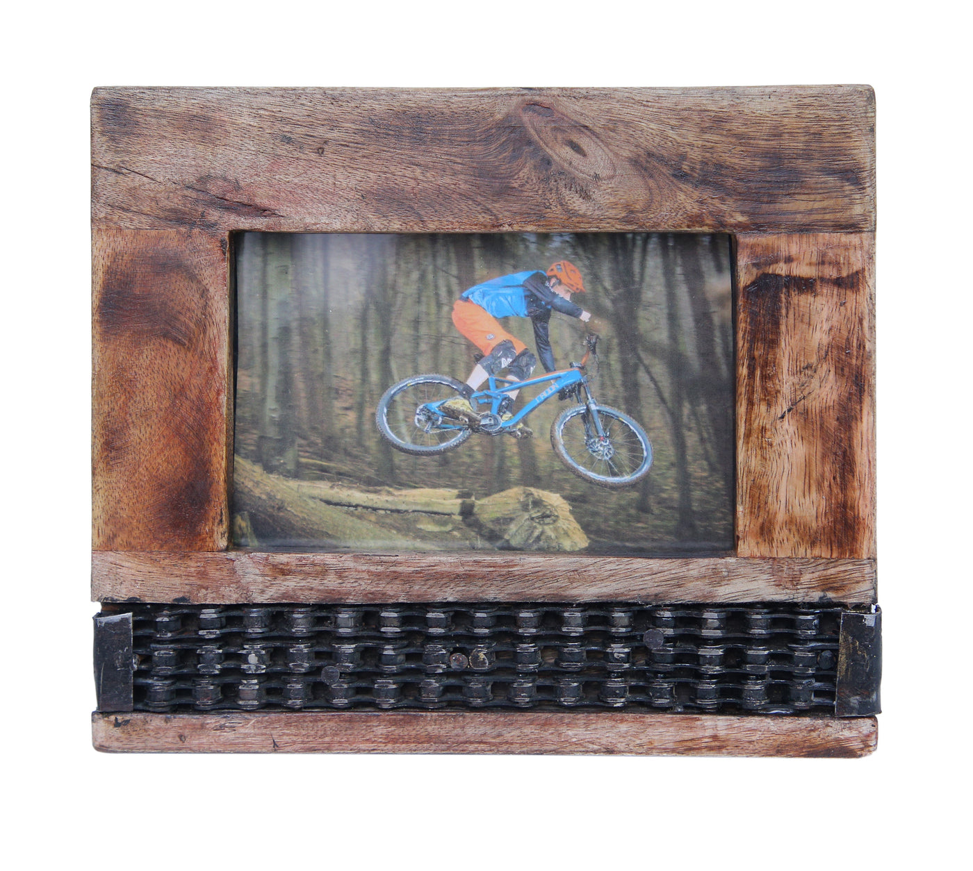 Wooden Photo Frame With Inlaid Upcycled Bike Chain (Three Layers) - Cyclop.in